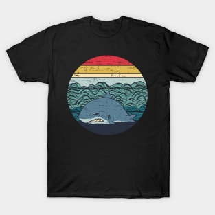 Funny Lazy Megalodon Retro Sunset Distressed Vintage Rainbow Colors T-Shirt